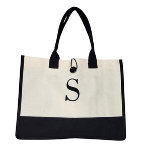 Canvas Monogram “S” Tote Bag Black Cream Cotton Large Shopper Shoulder Bag NWOT